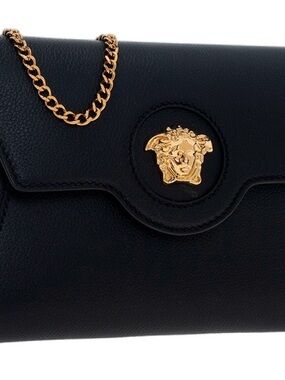 Versace Black Leather Clutch with Gold Medusa Accent